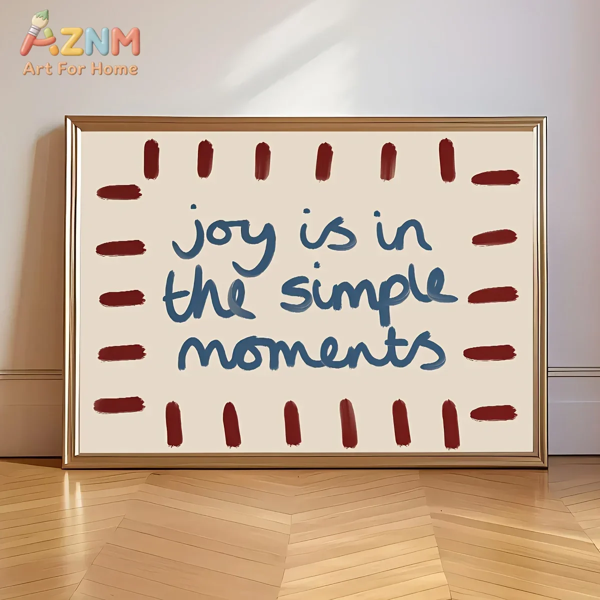 AZNM Joy Is In The Simple Moments Canvas Wall Art Hand Lettered Quote Print Poster Beige Background Red Brush Strokes Positive L