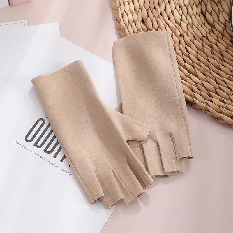 Autumn And Winter Women Half Finger Keep Warm Keyboard Work Writing Convenient Gloves Thin Soft Solid Simple Velvet Mittens