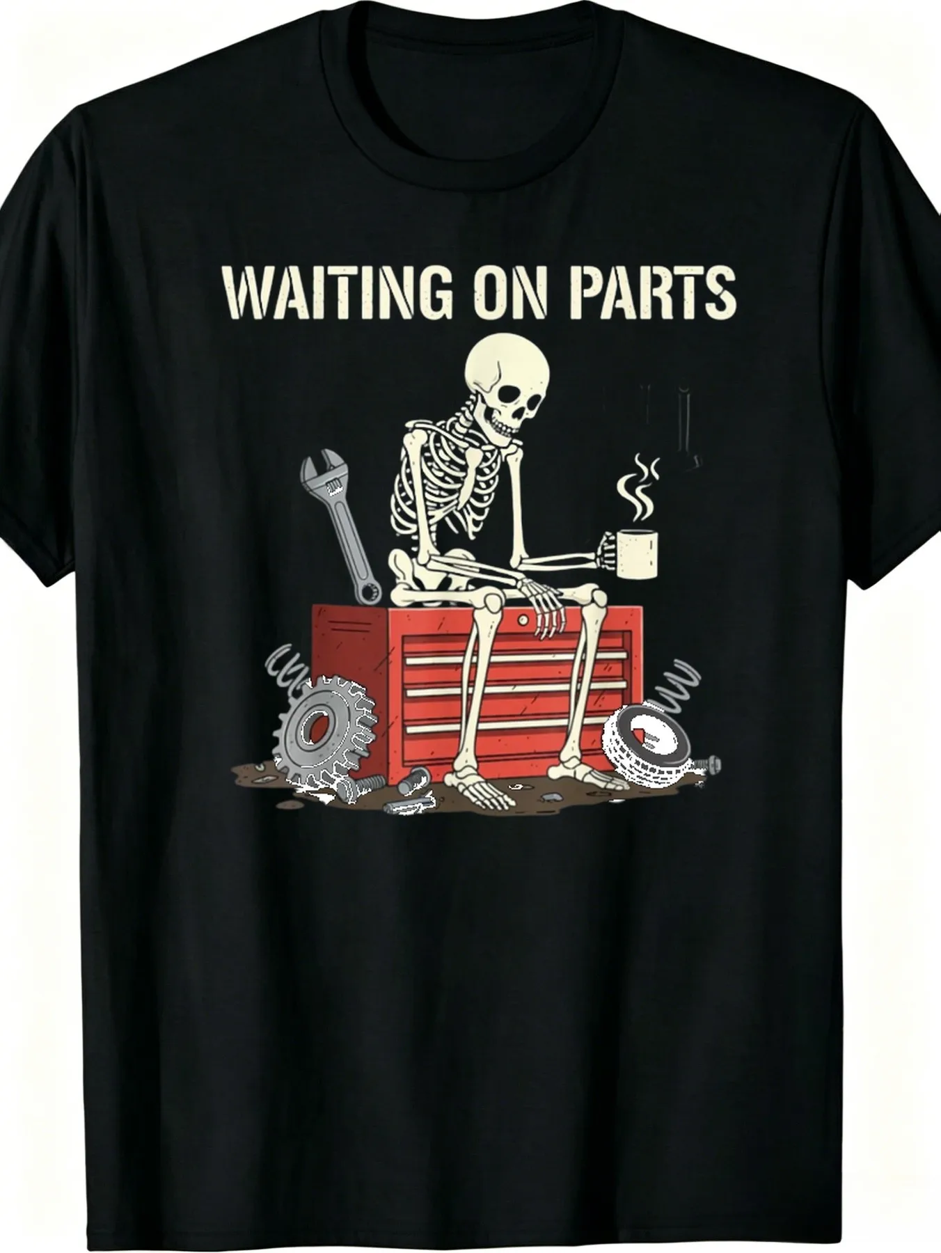 Men's T-Shirt with Humorous Style, Accessory Print, Skull and Mechanical Tool Pattern, Soft and Breathable Blend Fabric, Casual Round-Neck T-Shirt Suitable for Auto Mechanics, Car Repair Enthusiasts, and Everyday Wear