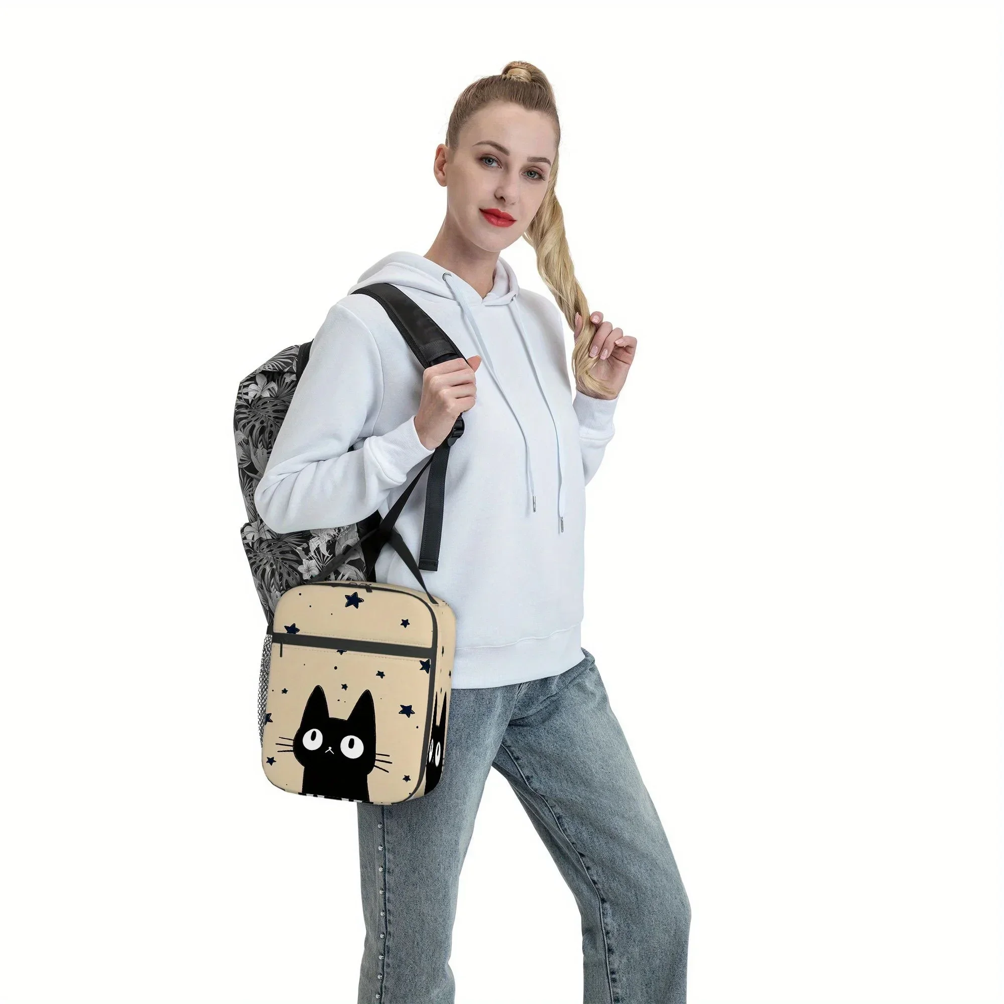 1pc, Black Cat Under Starry Sky Printed Thermal Bag, Insulated Bag, No Food Contact, Suitable for Home, Restaurant, Office, Unis