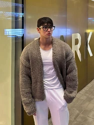 Loose Knitted V-Neck Sweater Coat Men's Autumn Winter Thickened American Retro Style Long Sleeve Fashion Urban Casual Outerwear