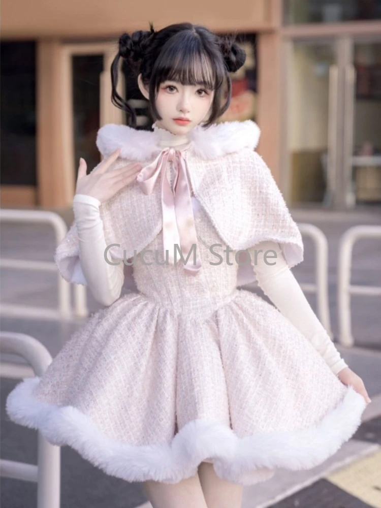 Winter Japanese Hooded Shawl + Basic Tops + Plaid Mini Skirts Christmas New Year Kawaii Suit Cute Sweet Lolita Dress Set Women