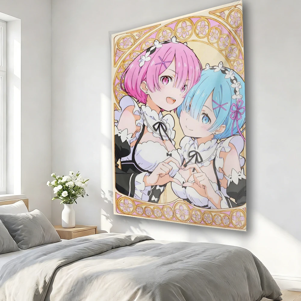 Re:Zero Ram & Rem Tapestry, Art Nouveau Maid Sisters Wall Hanging for Bedroom, Dorm & Otaku Room Decor