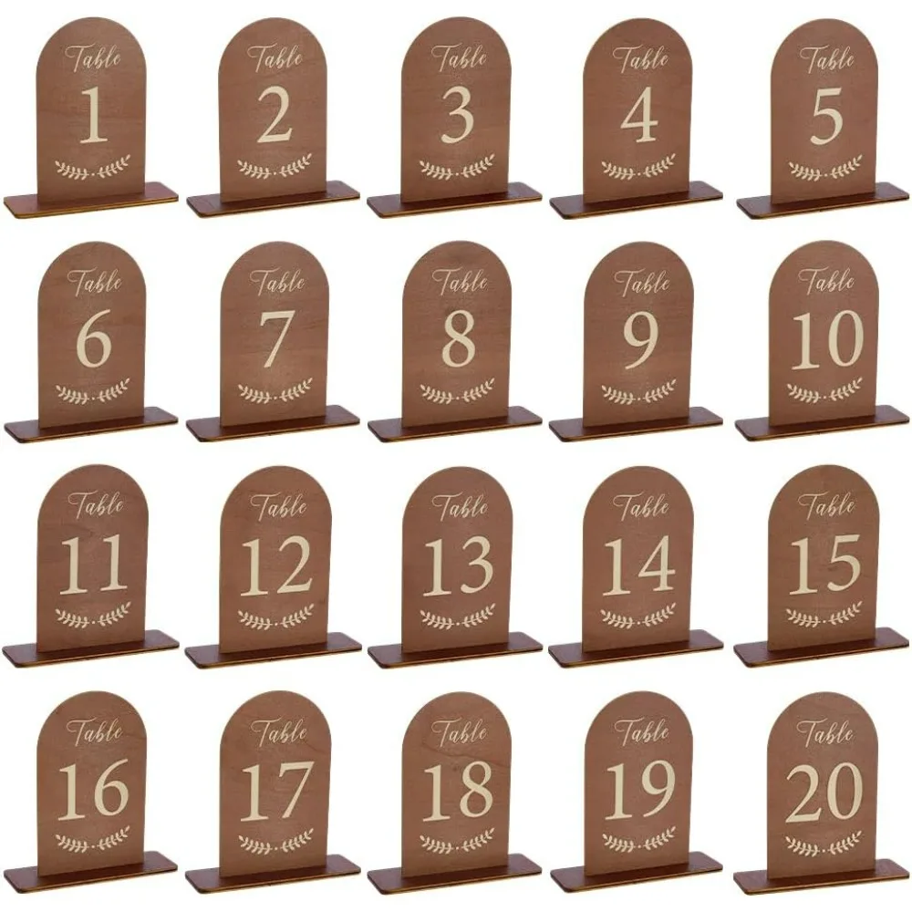 

20 Pcs Wooden Wedding Table Numbers 1-20 with Stand Coconut Brown Double Sided Print Arch Table Number Sign with Holde