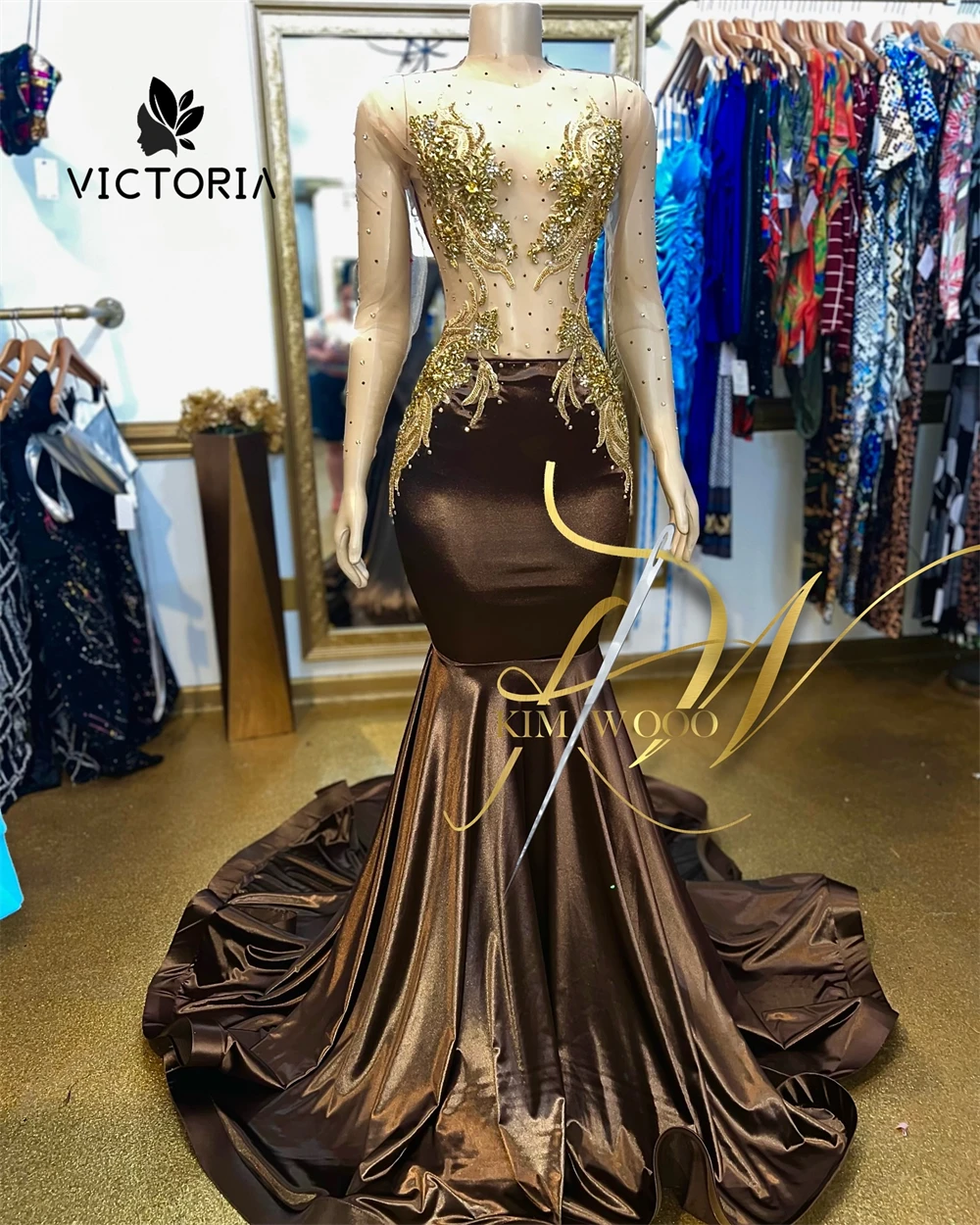 Chocolate Brown Mermaid Birthday Prom Dresses Gold Beaded Rhinestones Long Sleeves Illusion Cocktail Gown Black Girl Customized