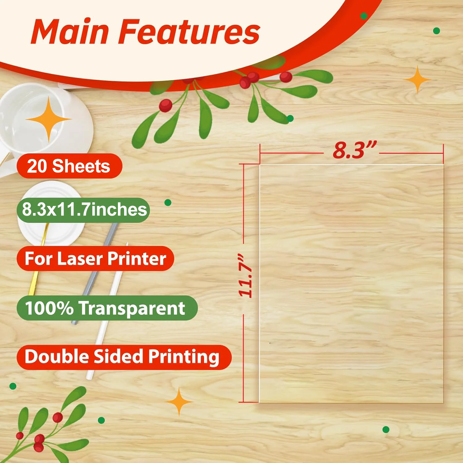 Laser Transparency Film A4 8.3x11.7 Inch, 4 Mil Clear Projector Sheets for Presentations, Crafts, 20 Sheets