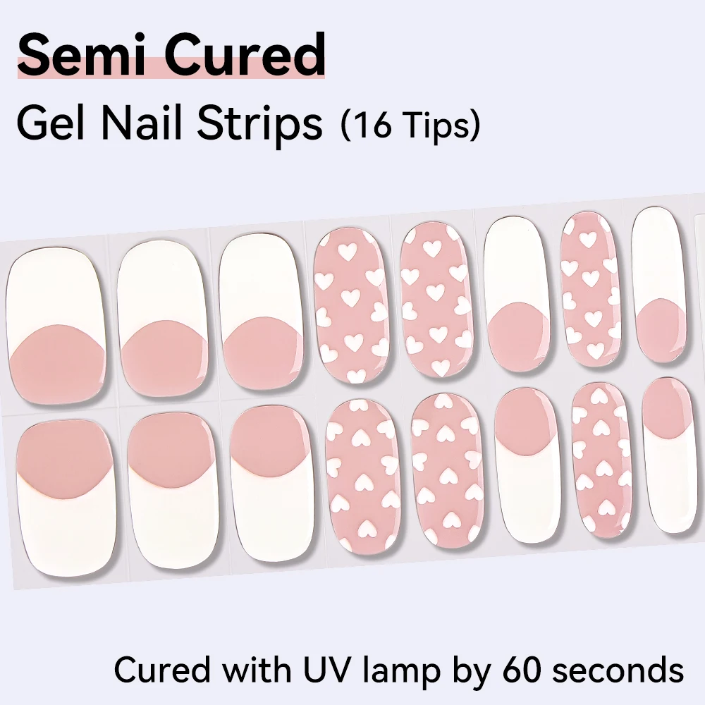 16Tips Loving Heart Nail Gel Strips French Gel Polish Nail Sticker Semi-Cured Adhesive Stickers for Nails Full Cover Decoration