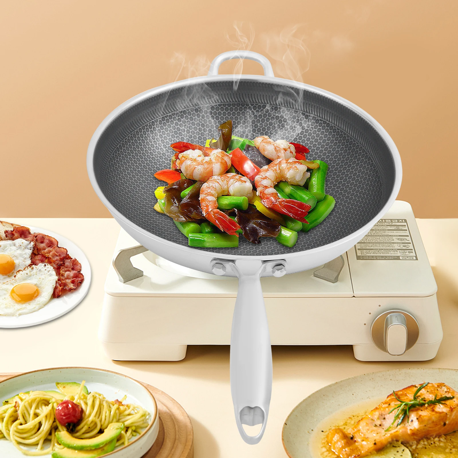 

36Cm Stainless Steel Frying Pan With Lid For Home Restaurant Cook, Home Kitchenware