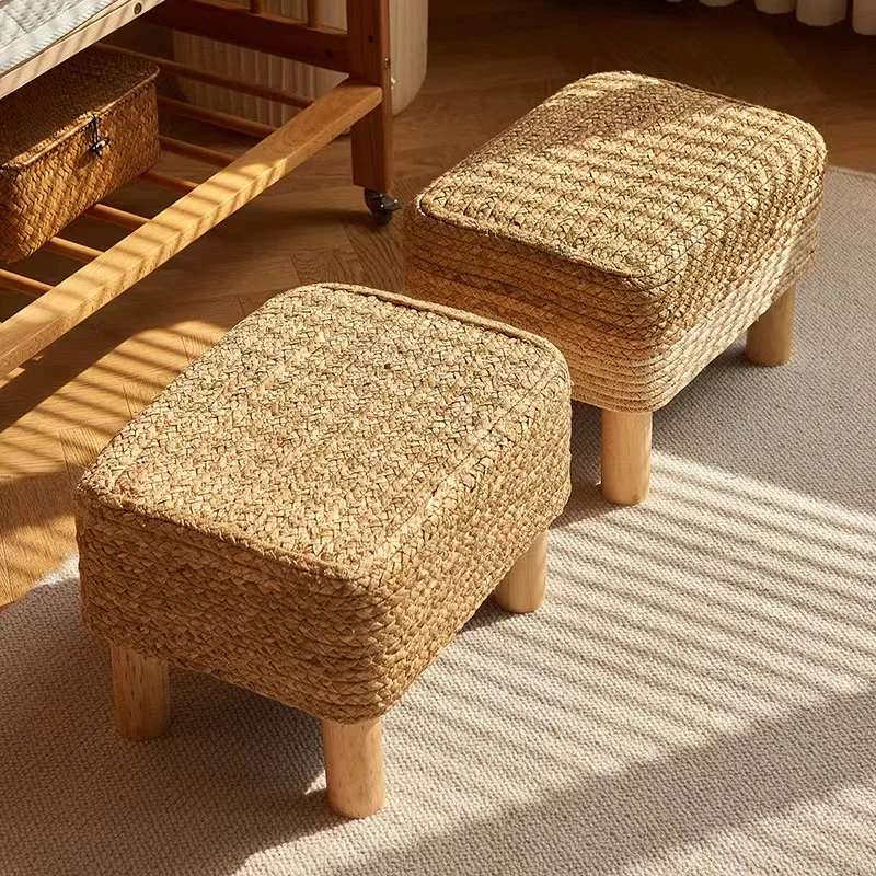 Retro Small Stool Rattan Simple Square Bench Home Woven Low Stools Creative Living Room Solid Wood Round Exquisite Furniture