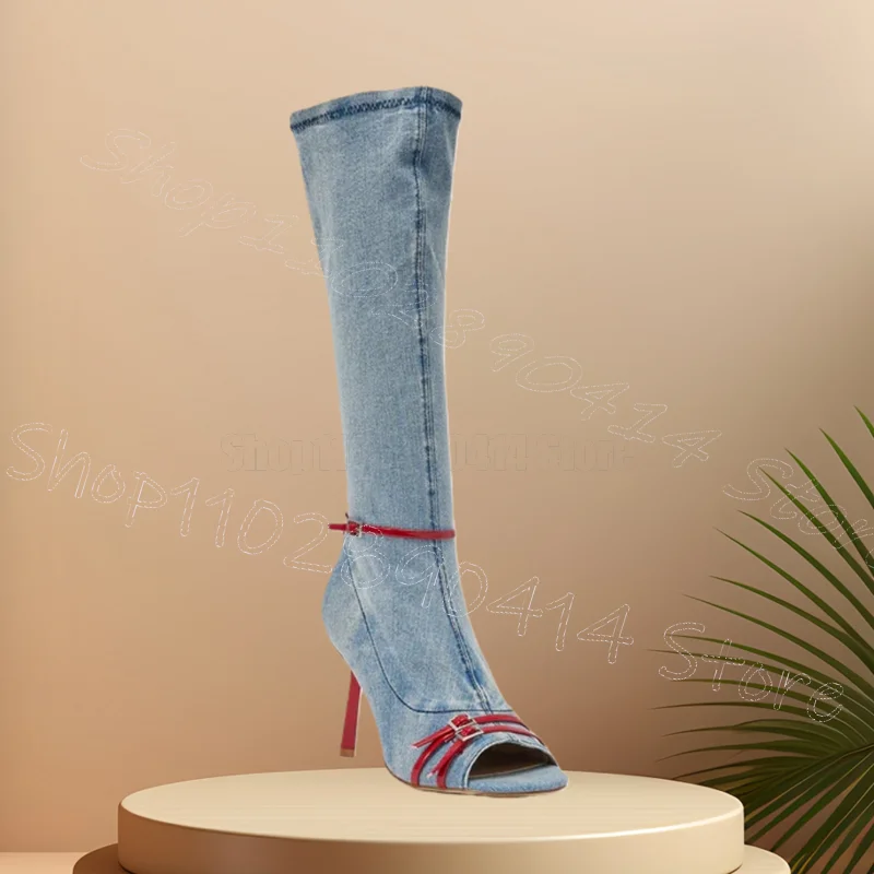 

Blue Denim Red Buckle Open Toe Sandals Boots Side Zipper Women Shoes Thin High Heels New Party Dating 2026 Zapatos Para Mujere