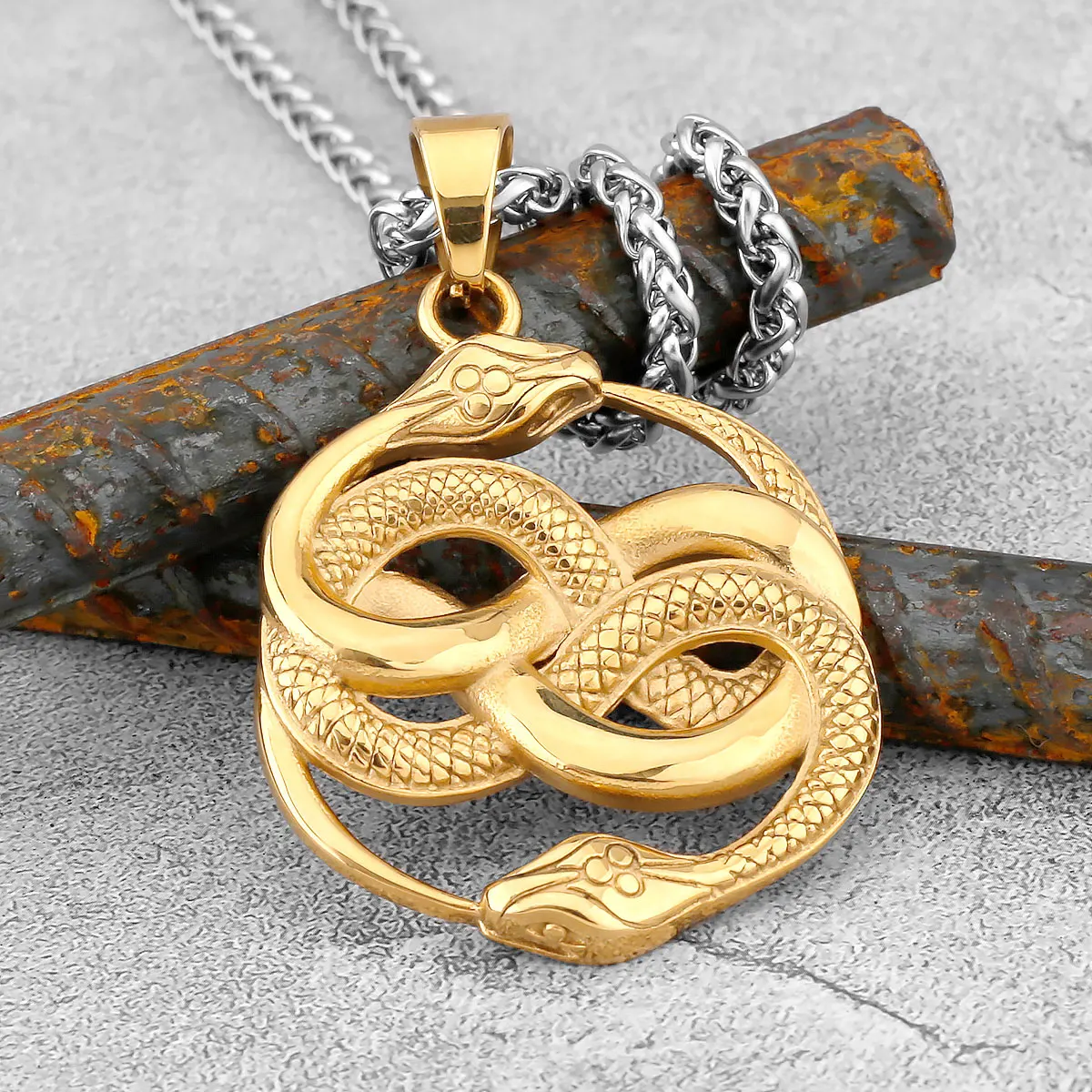 Vintage Creative Design Ouroboros Snake Viking Necklace Nordic Men Stainless Steel Double Snake Odin Pendant Amulet Jewelry New - view 5