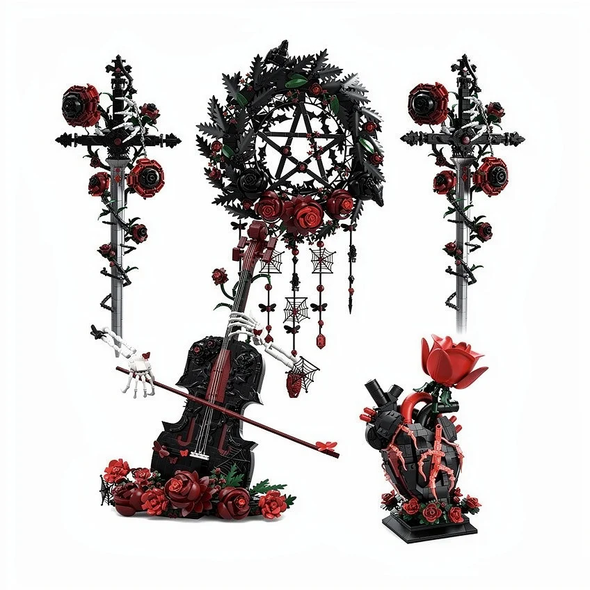 

MOC Gothic Black Rose Cross Building Blocks Skeleton Hand Skull Model Dark Aesthetic Bricks Desktop Decor Collection Gift