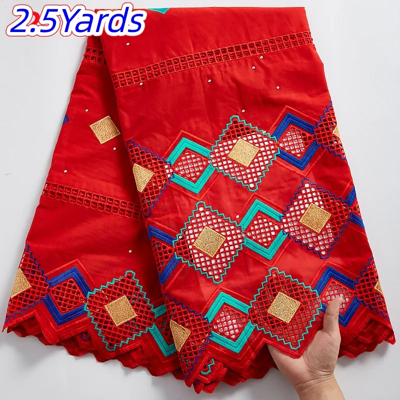 

African Cotton Lace Fabric Embroidery High Quality Swiss Voile Lace with Stones for Women Wedding Party Dresses 2.5yards