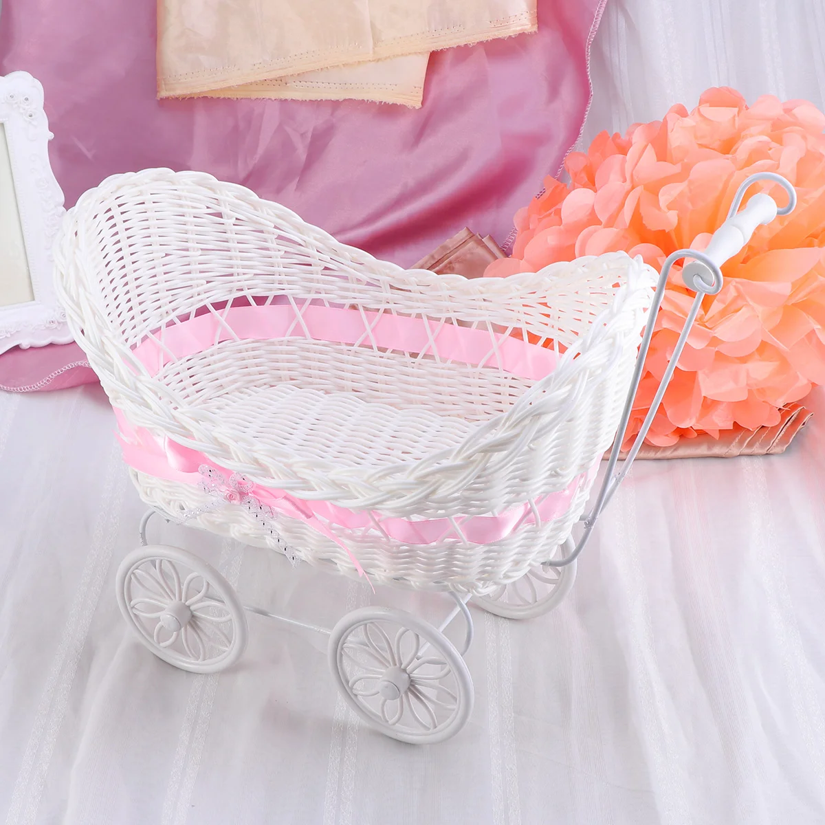 Stroller Flower Basket Mini Toy Pushchairs Knitted Ornaments Rattan Wicker Decoration Wagons