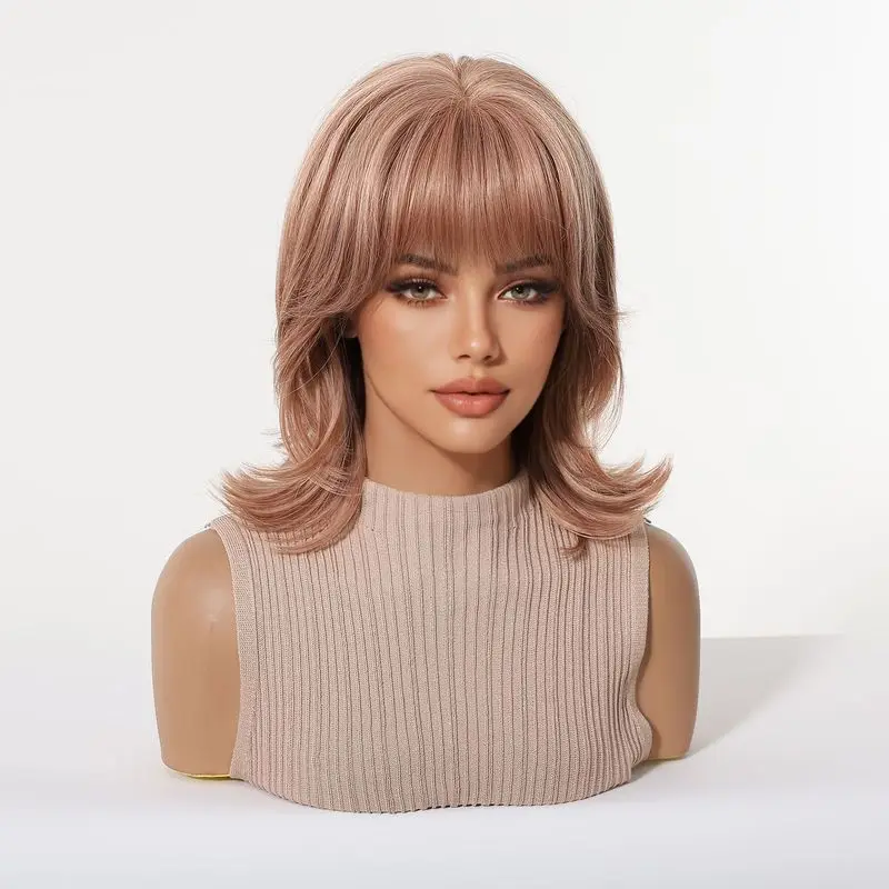 Women's wig with bangs, wolf tail curl, pink short hair, rose net cap, high-temperature fiber, fashionable - view 3