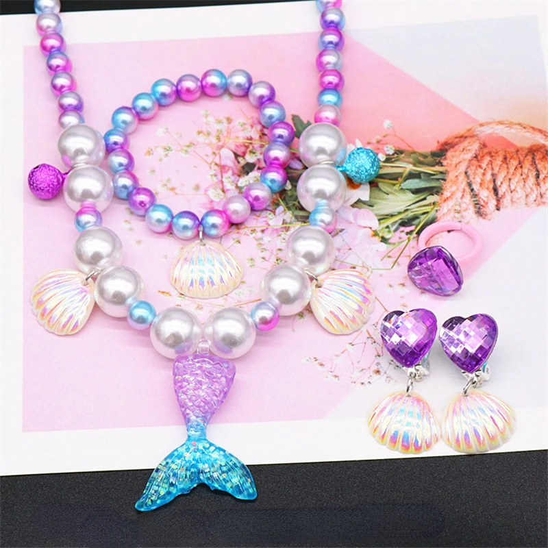 2/5pcs Girls Jewelry Sets Mermaid Pearl Necklace Bracelet Ring Earring Set Kids Toys Children Princess Fashion Accessories Girl