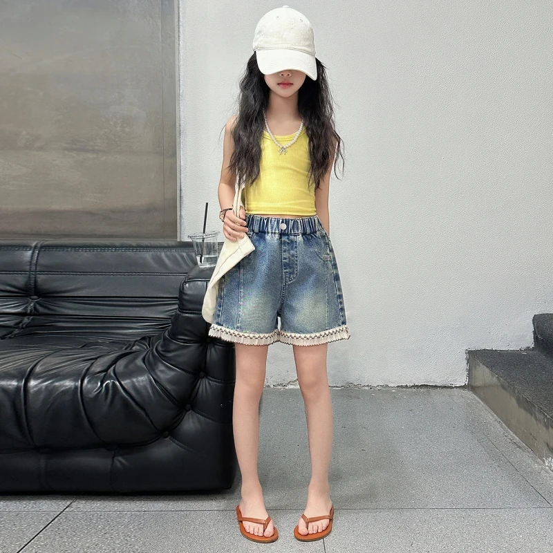 

Girls A-Line Denim Shorts with Lace Trim Hem, Lightweight Summer Mini Shorts, Elastic Waist Casual Kids Shorts