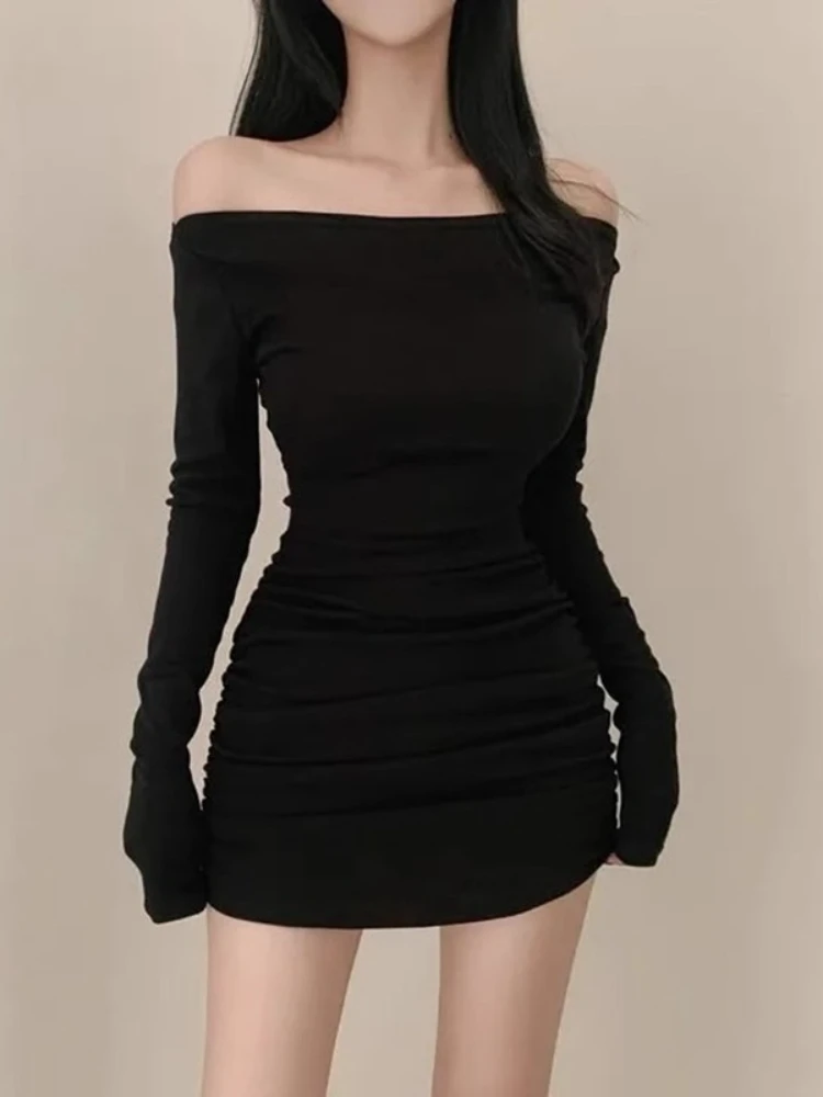 Korean Off‑Shoulder Convertible One‑Shoulder Dress Women Fitted Waist Pleated Bodycon Slim Chic Figure‑Hugging Midi Mini Dresses