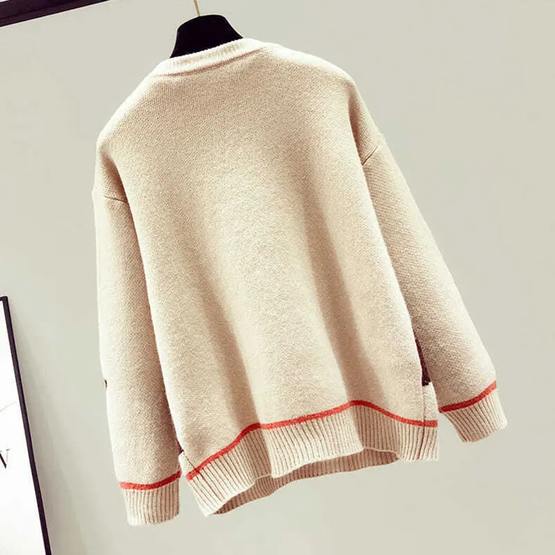 Cartoon Casual Chic Acrylic Knitted O-Neck Thick Loose Pullover Women\'s Sweater Female Sweaters Top Woman Clothing Fashion 2024