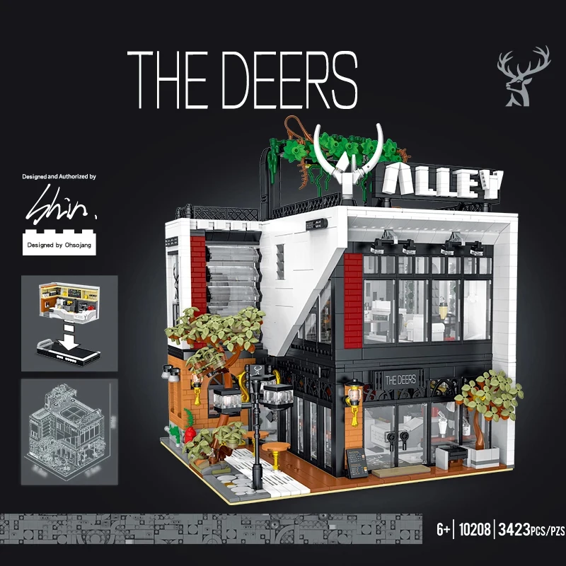 Klemmbausteine The Deers Coffee Shop mit LED-Modulbaukasten, Alley Milk Tea Store, Stadtansicht-Architektur, Ziegelstein-Modellbausatz, Spielzeug für Jungen, Erwachsene, Kinder, Geschenk, 3423 Teile