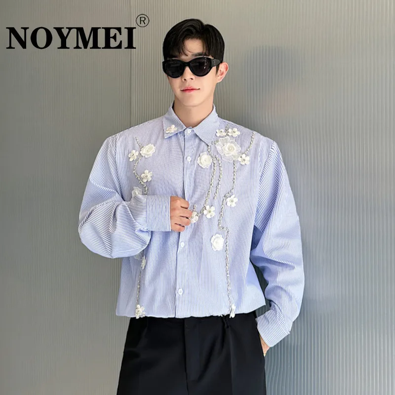 NOYMEI Beading 3D Flower Decorate Elegant Men's Shirt Lapel Single-breasted Temperament Fashion Blouses Autumn New WA5699