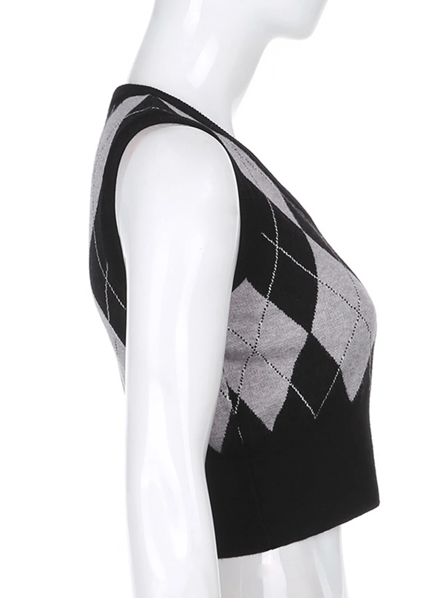 Womens Vest  Tops V Neck Argyle Knitted Vest Fashion Contrast Color Plaid Sleeveless Crop Top Pullover Sweater