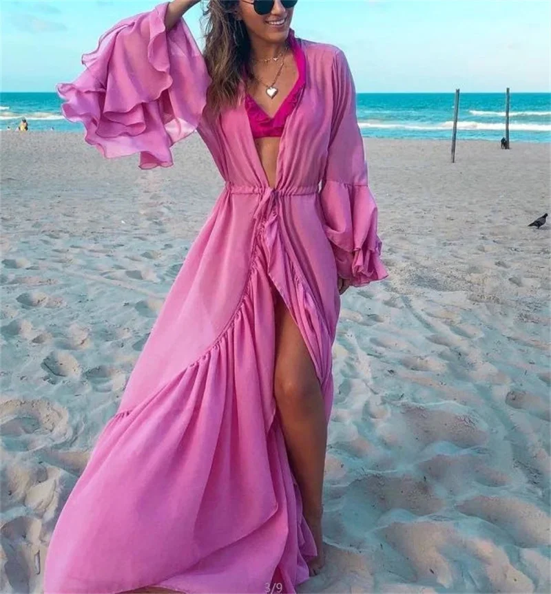 Women Loose Flared Sleeve High Waist Lace-up Sun Protective Coverall Holiday Sexy Bikini Cover-ups Sun Protective Beach Dresses