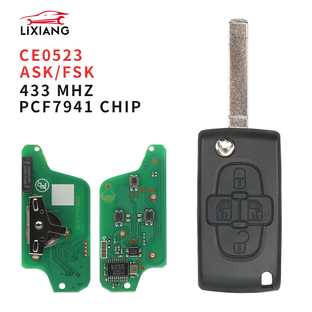 

LIXIANG 4-кнопочный смарт-ключ для Peugeot 1007 и Citroen C8, ASK/FSK 433 МГц, PCF7941, выкидной, с лезвием VA2/HU83, CE0523