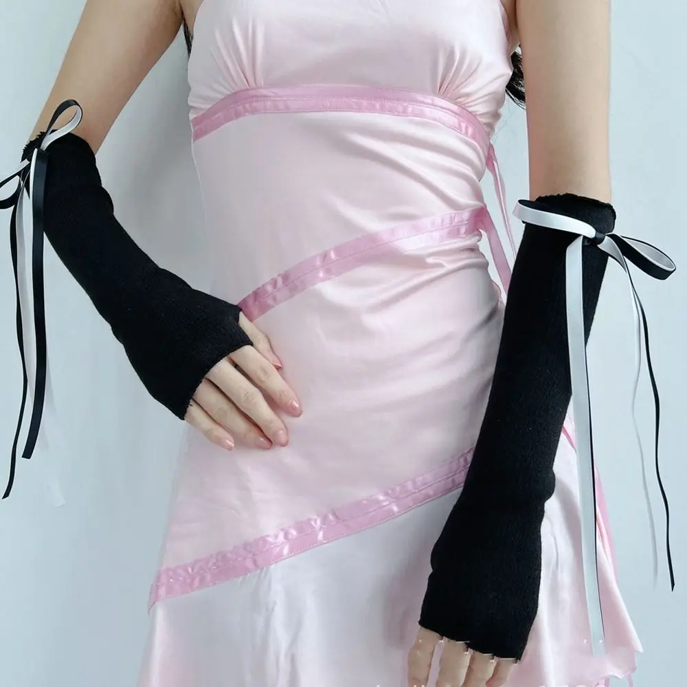 Ballet Style Bow Knitted Arm Warmers Ribbon Long Sleeve Fingerless Gloves Y2K Spicy Girl Fashion Sweet Accessories Mittens