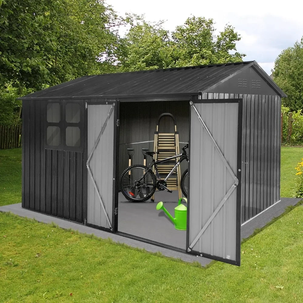 10x8ft Metal Outdoor Storage Shed with Windows, Steel Garden Shed, Lockable Storage Tools Shed with Vents for Garden, Patio