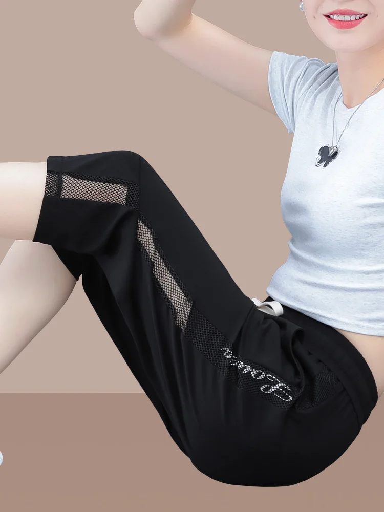 

Брюки из ледяного шелка на семь футов, женские летние новые свободные тонкие спортивные брюки Qui-Drng, дышащие брюки с высокой талией, прямые брюки