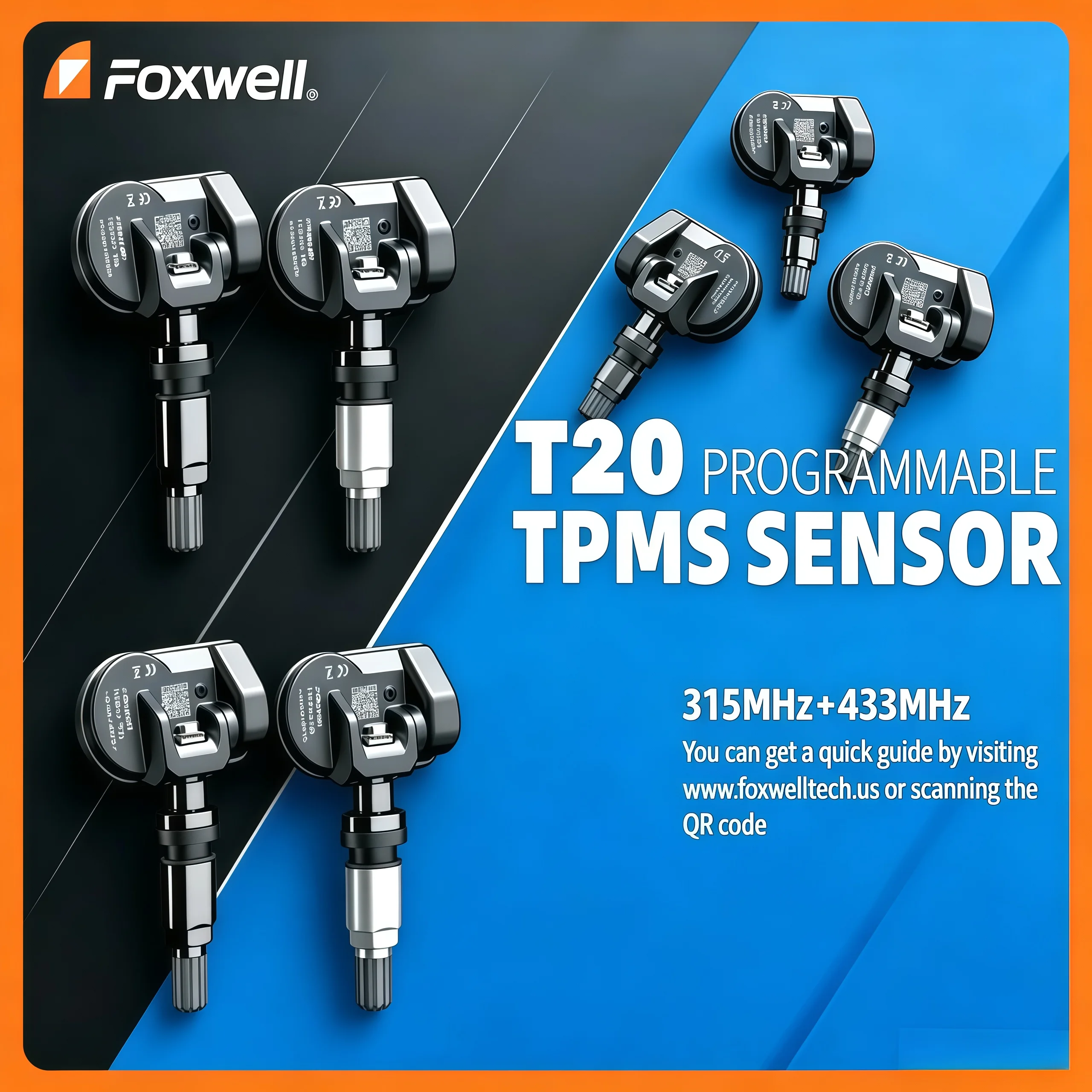 Foxwell T20 TPMS Sensor 315/433MHz Easy Clone Programmable Universal OE Replacement Long Battery Life for Auto Car Truck