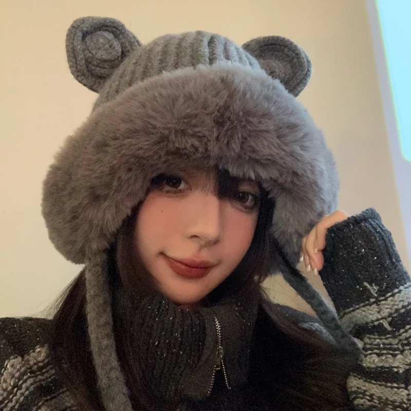 

Bear Ears Lei Feng Hat Woman Autumn and Winter Cute Plus Wool Thickened Knitted Hat Plush Ski Ear Protection Wool Hat Tide