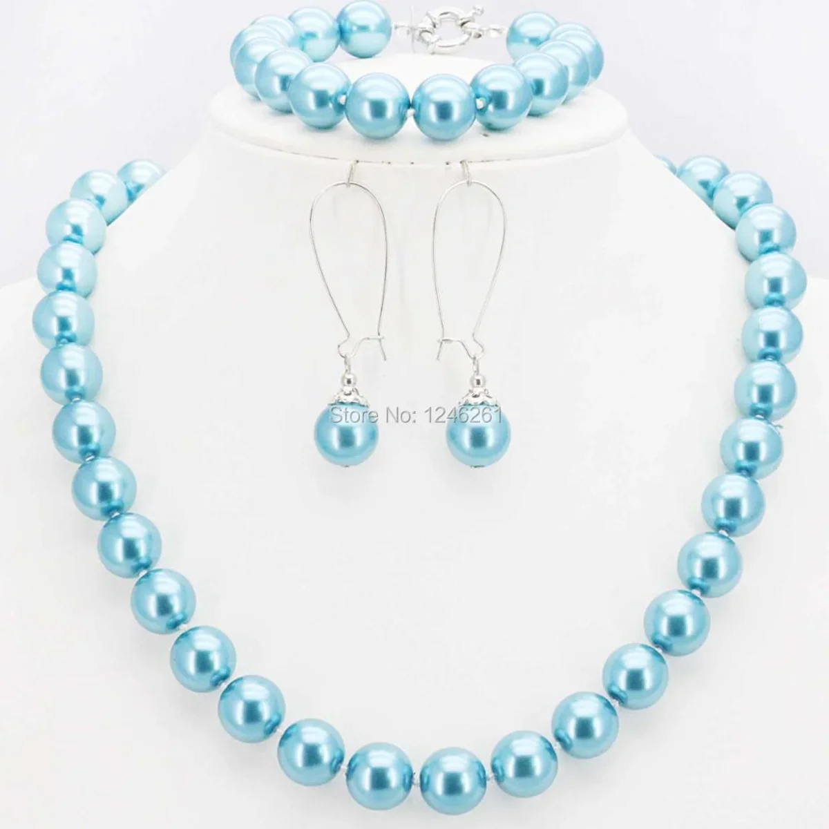 10mm SkyBlue Round Shell Pearl Beads Necklace Bracelet Earrings Sets Jewelry Making Design Christmas Gifts Girls Women Ornaments