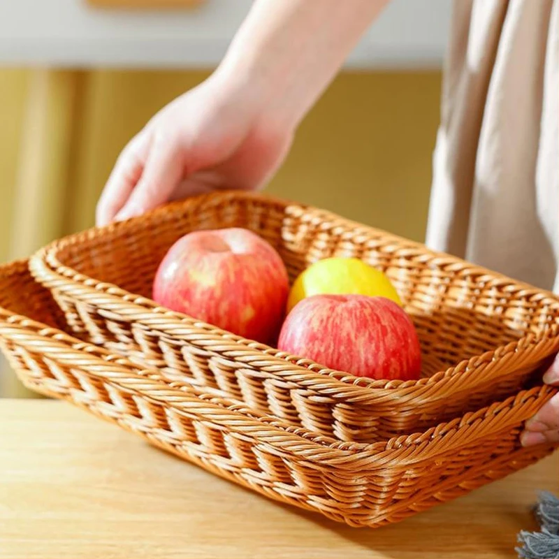 Imitation Rattan Storage Basket Rectangular Fruit Bread Basket Desktop Snack Storage Box Plastic Woven Basket Kitchen Storage