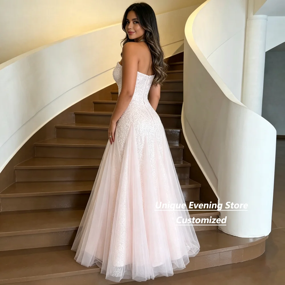 Customized Blush Pink Sequin Evening Dress Sweetheart Strapless Mermaid With Tulle Overlay Floor Length Prom Formal Party Gown