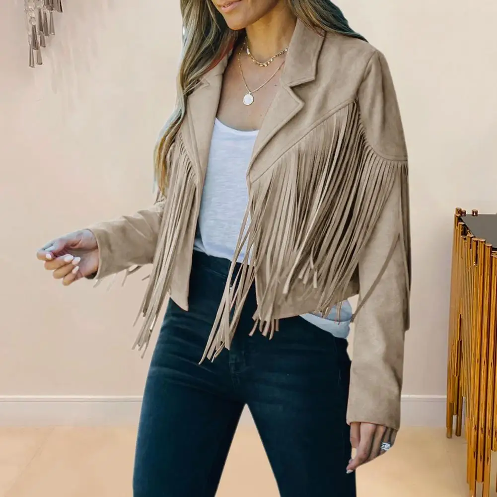 Ladies Coat Stylish Fringe Tassel Cardigan for Women Slim Fit Notch Collar Jacket Trendy Fall Spring Coat with Long Sleeves