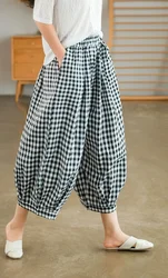 100% Cotton Linen Female Casual India Style Loose Wide Leg Bloomer Pants Women Leisure Big Size Gingham Plaid Calf Length Pants