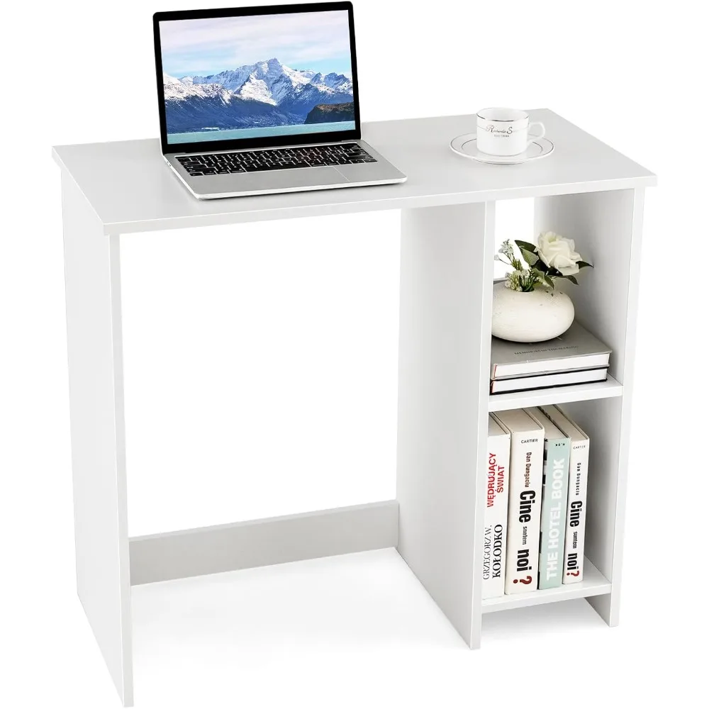 

Small White Desk with Shelves, Compact Small Desk for Small Space, Study Writing Desk with 2 Tier Shelves, Modern Simple