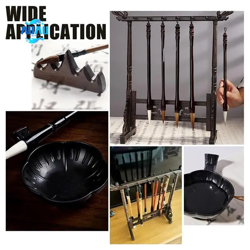 AUAU-Chinese Calligraphy Brush Holder - 12-Pin Plastic Frame With Carved Design For Sumi Painting And Japanese Calligraphy