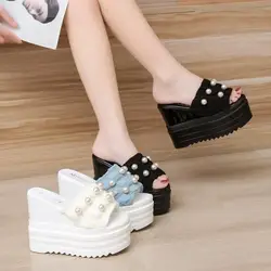 Schoenen Dames Slippers Platform Op Een Wig Kralenkettingen Luxe Slides Vrouwen Hakken Pantofle Zomer Designer Hoge 2022 Rome Stof