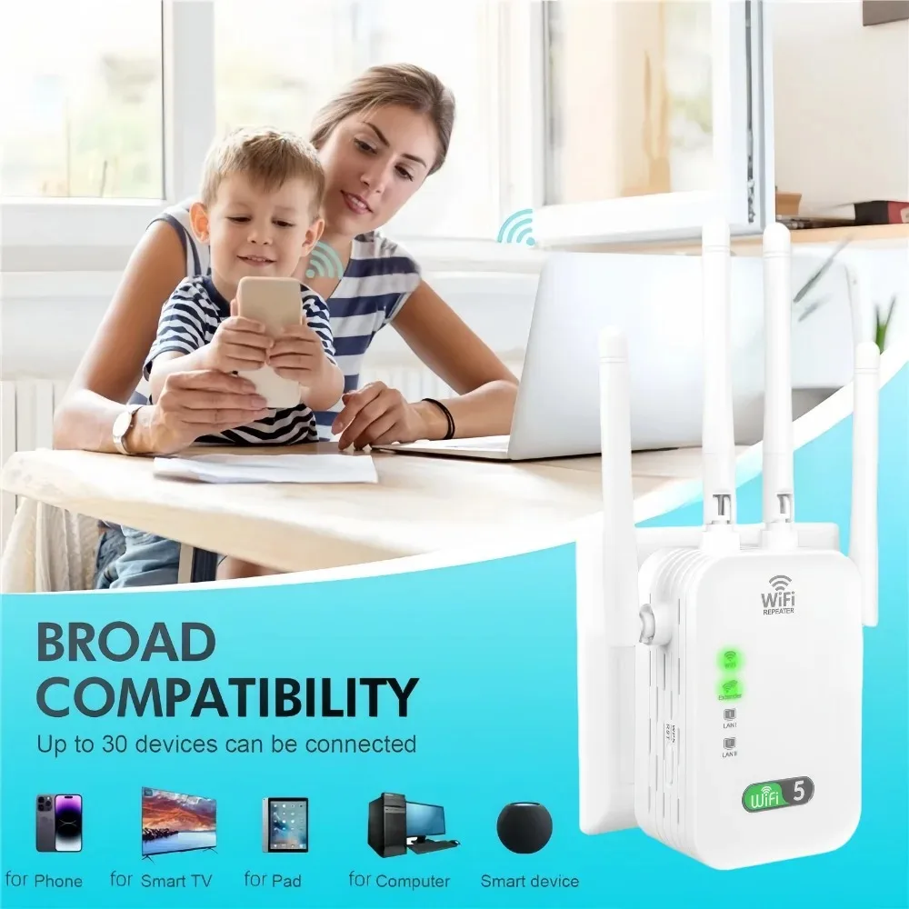 1200Mbps WiFi Extender Repeater 4 Antenna Dual-Band 2.4G 5G Signal Amplifier WPS Router for Home to Bedroom Wireless Wifi