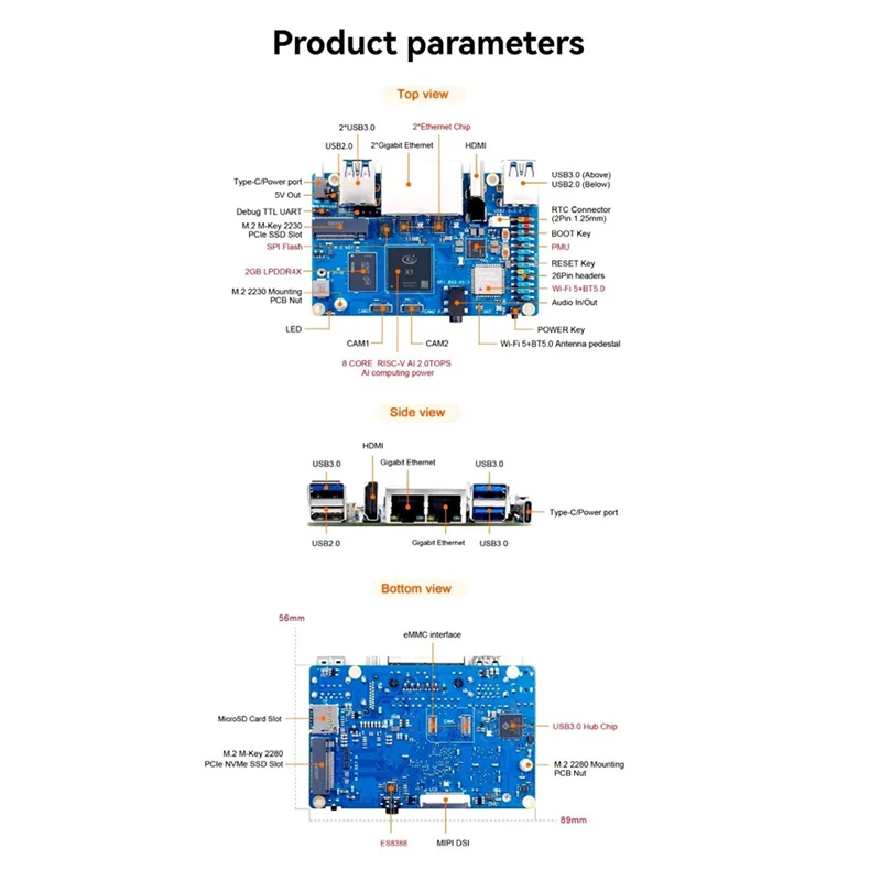 Per Orange Pi RV2 Computer a scheda singola DDR4 8-Core RISC-V 2TOPS AI CPU Wifi BT5.0 BLE M2 PCIE SSD Mini PC
