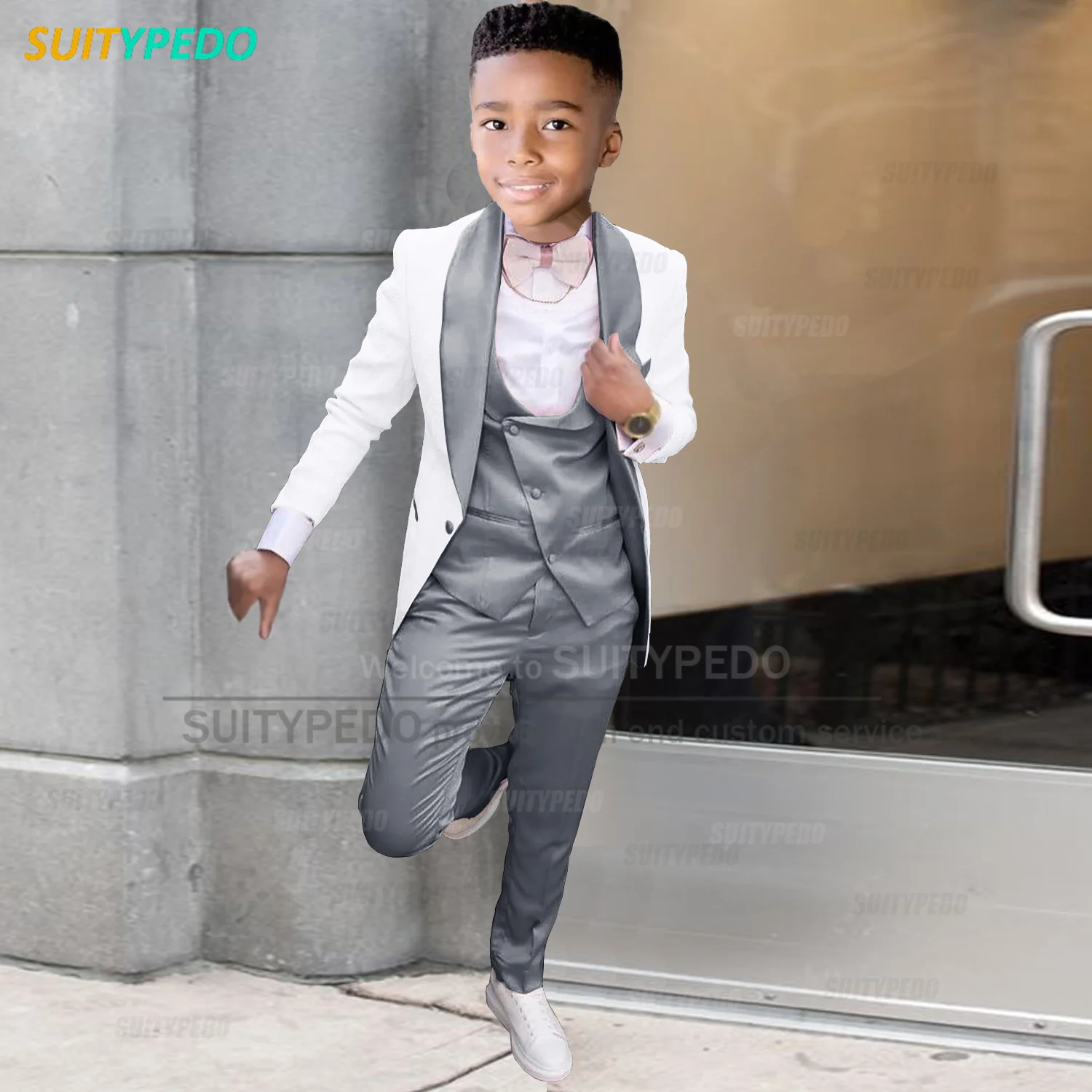 Navy Blue Suit For Child Wedding Banquet Flower Kids Elegant Blazer Vest Pants School Party Custom Boys Fashion Satin Outfits