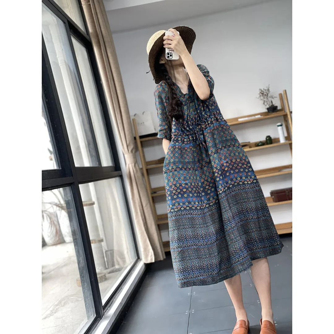 

New Spring Women's V-ne Slimming Print Casual Lightweight Cotton Linen Dr Waist-cinching A-line Skirt Long Sve