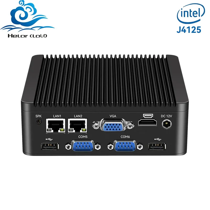 Helorpc 2LAN 6COM Industrial Mini PC dengan Intel Celeron J4125 DDR4 mendukung Windows10 LINUX 4RS232 2RS232/RS485 komputer tanpa kipas