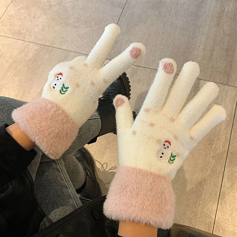 Women's Warm Knitted Cute Korean Edition Snowman With Velvet Touchscreen Gloves