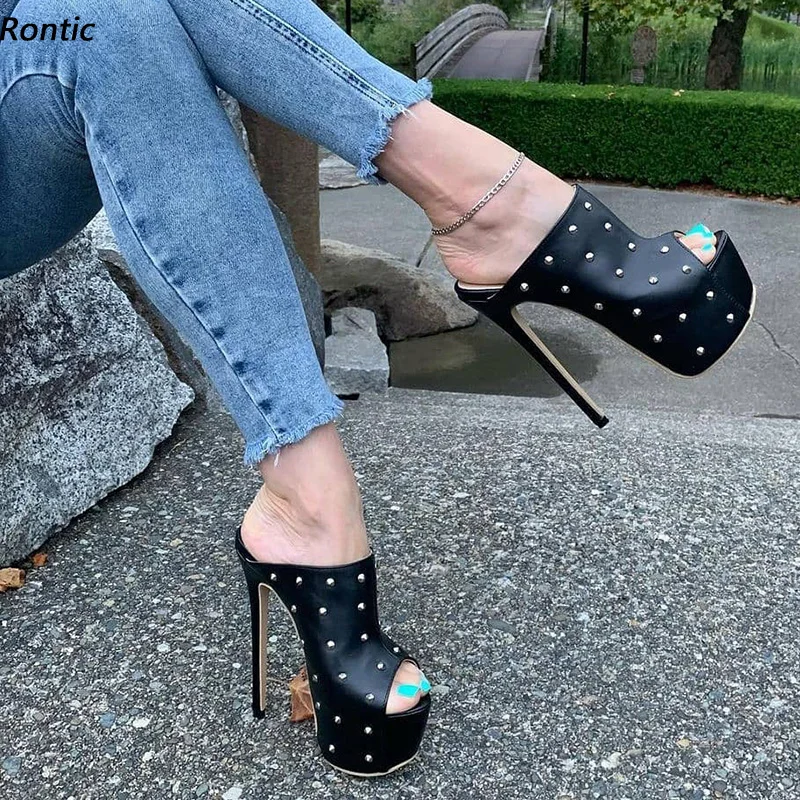 

Rontic 2021, женские сандалии-мюли ручной работы, непромокаемые туфли на шпильке с открытым носком, супер пикантная черная обувь унисекс для косплея, размер США 5-20