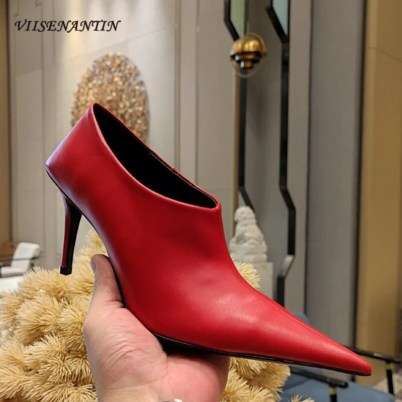 

Classic Women Ankle Boots Pointed Toe Thin High Heel Chelsea Boots Side Zipper Cow Leather Simple Daily Office Lady Boats Shoes