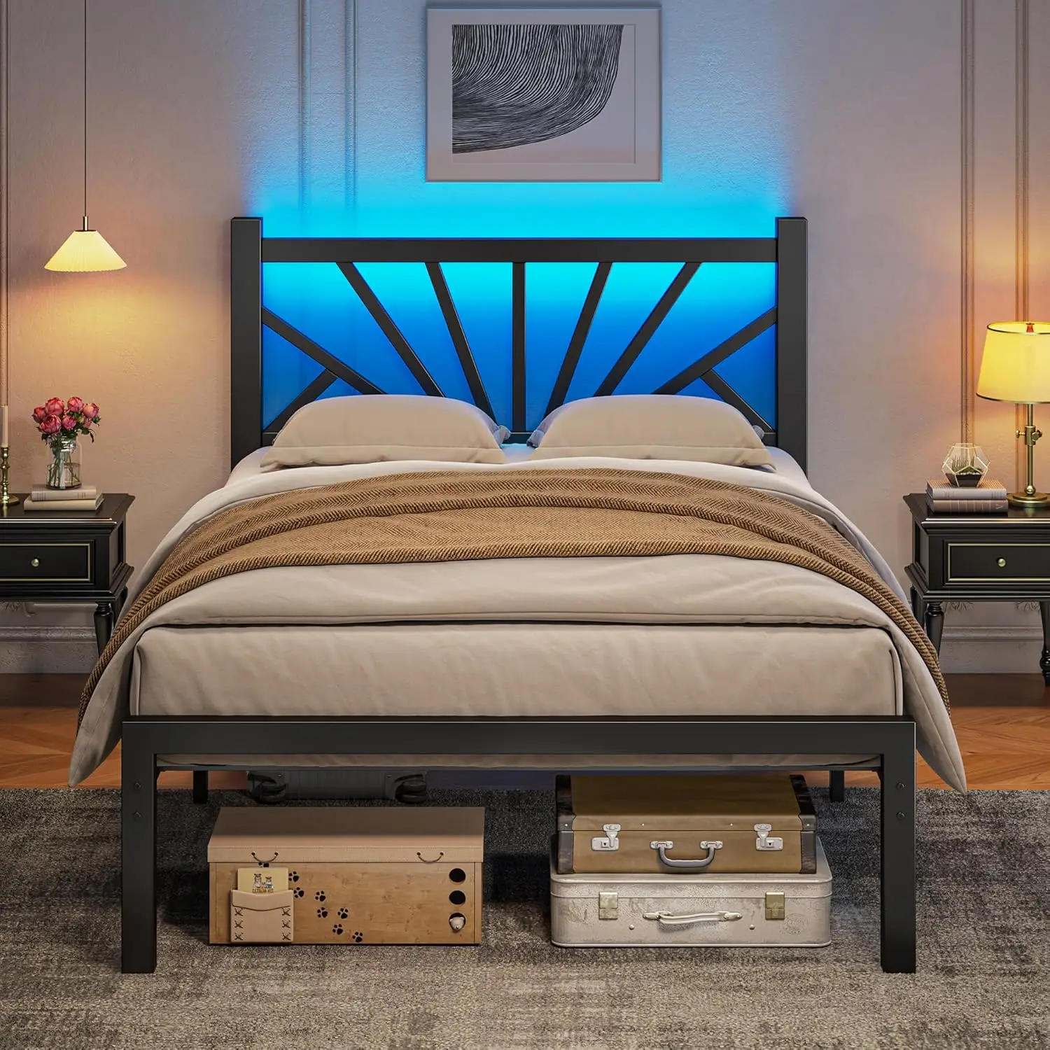 

Metal Twin Bed Frame with LED Lights Headboard Heavy Duty Sturdy Mattress Foundation Storage Bedroom Furniture